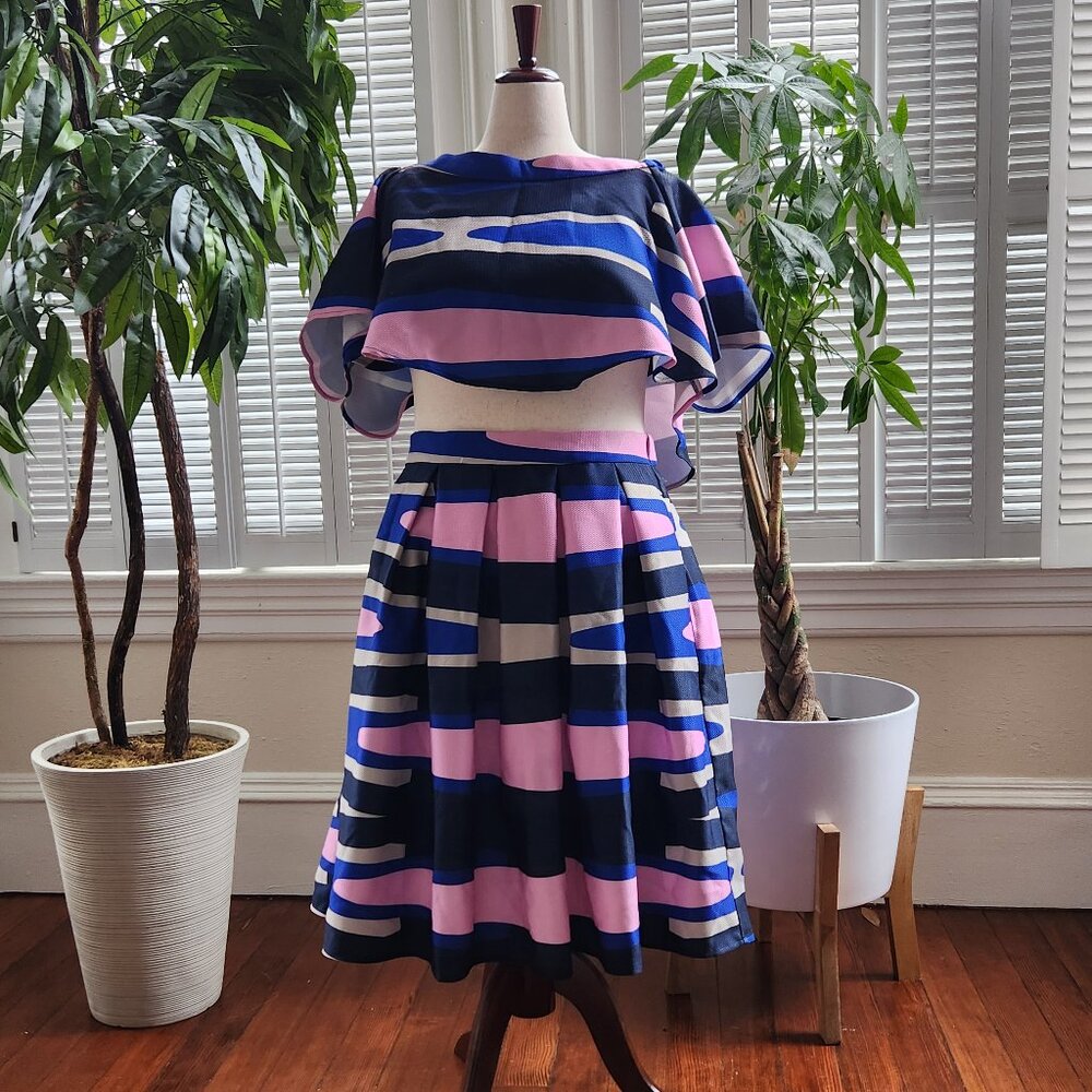 Eloquii Navy, Pink & White Striped A-Line Skirt Set